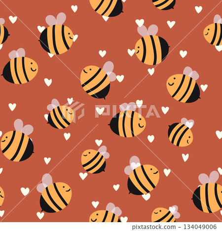 Seamless pattern with bees on color background. Small wasp. Vector illustration. Adorable cartoon character. Template design for invitation, cards, textile, fabric. Doodle style 134049006