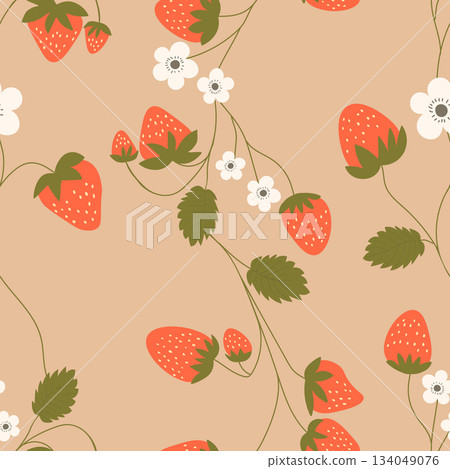 Seamless pattern with strawberry on color background. Natural delicious fresh ripe tasty fruit. Vector illustration for print, fabric, textile, banner, other design. Food concept Seamless pattern with strawberry on color background. Natural delicious fresh ripe tasty fruit. Vector illustration for print, fabric, textile, banner, other design. Food concept 134049076