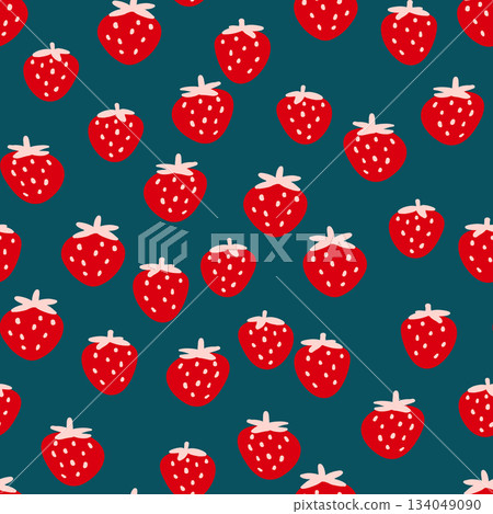 Seamless pattern with strawberry on color background. Natural delicious fresh ripe tasty fruit. Vector illustration for print, fabric, textile, banner, other design. Food concept. Seamless pattern with strawberry on color background. Natural delicious fresh ripe tasty fruit. Vector illustration for print, fabric, textile, banner, other design. Food concept. 134049090