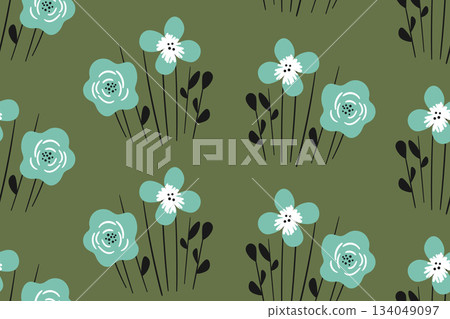 Seamless floral pattern based on traditional folk art ornaments. Art flowers on color background. Scandinavian style. Sweden nordic style. Vector illustration. Simple minimalistic pattern Seamless floral pattern based on traditional folk art ornaments. Art flowers on color background. Scandinavian style. Sweden nordic style. Vector illustration. Simple minimalistic pattern 134049097