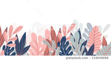 Floral frame with colorful exotic branches on white background. Ornate border with tropic leaves. Vector stock illustration for wallpaper, posters, card. Doodle style. Copy space Floral frame with colorful exotic branches on white background. Ornate border with tropic leaves. Vector stock illustration for wallpaper, posters, card. Doodle style. Copy space 134049099