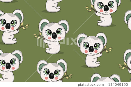 Seamless pattern with cute koala baby on color background. Funny australian animals. Card, postcards for kids. Flat vector illustration for fabric, textile, wallpaper, poster, paper Seamless pattern with cute koala baby on color background. Funny australian animals. Card, postcards for kids. Flat vector illustration for fabric, textile, wallpaper, poster, paper 134049190