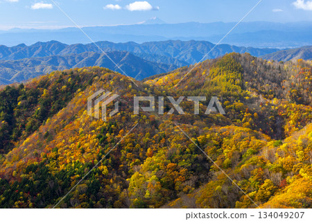 從栃木縣日光市足尾町半月山停車場眺望秋葉,遠處可見富士山。 從栃木縣日光市足尾町半月山停車場眺望秋葉,遠處可見富士山。 134049207