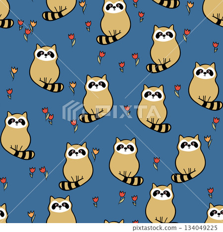 Vector seamless repeating childish pattern with cute raccoon in doodle style. Animals background for invitation, poster, card, flyer, textile, fabric Vector seamless repeating childish pattern with cute raccoon in doodle style. Animals background for invitation, poster, card, flyer, textile, fabric 134049225