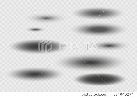 Different realistic round shadow, soft shapes on transparent background. Gray circular and ellipse shadows set. Vector illustration Different realistic round shadow, soft shapes on transparent background. Gray circular and ellipse shadows set. Vector illustration 134049274