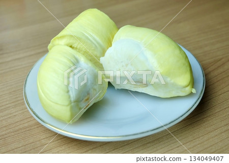 Rich Creamy Durian Pulp on White Plate 134049407