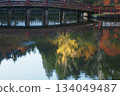 池塘中倒映著黃色和紅色 134049487