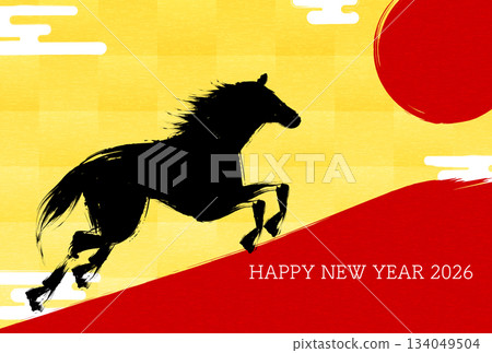2026 年馬年新年賀卡,以書法繪製的駿馬奔向日出,以及紅色的富士山輪廓為特色。 2026 年馬年新年賀卡,以書法繪製的駿馬奔向日出,以及紅色的富士山輪廓為特色。 134049504