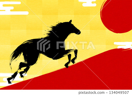 New Year's card for 2026, Year of the Horse, featuring a calligraphy-drawn horse galloping towards the sunrise and the silhouette of Mount Fuji in red. 134049507