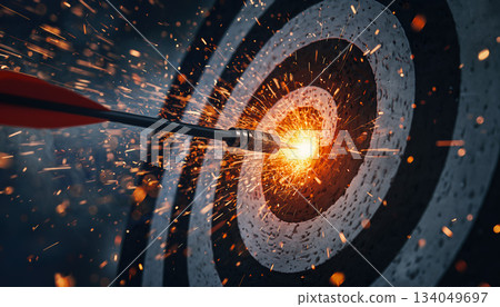 Close view of arrow hitting target with sparks flying during archery practice at a shooting range in daytime 134049697