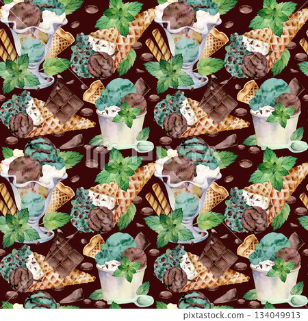 Gelato scoops served in paper cup, glass bowl or crunchy cone. Chocolate flecks, waffles, mint leaves. Isolated seamless pattern hand drawn in watercolor. Rustic cafe, frozen label art, summer flyer. Gelato scoops served in paper cup, glass bowl or crunchy cone. Chocolate flecks, waffles, mint leaves. Isolated seamless pattern hand drawn in watercolor. Rustic cafe, frozen label art, summer flyer. 134049913