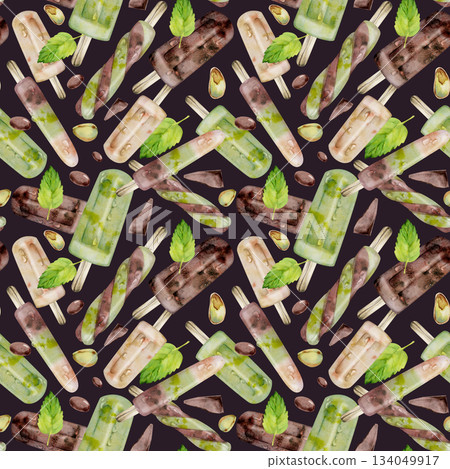 Melting drops on chocolate ice pop, cooling mint popsicle stick hand drawn in watercolor. Seamless pattern illustration Isolated on dark. Flavor pairing card, summer branding, foodie flyer background. 134049917