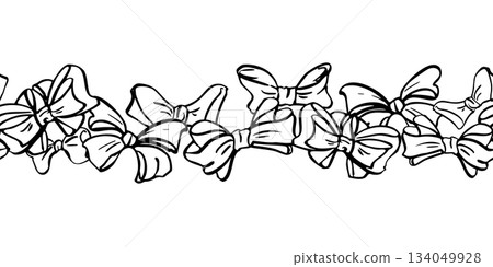 Ribbon bow ties, ornamental knots. Single and double loops in graceful continuous border. Vector seamless banner illustration hand drawn in ink. Celebration invitation, wedding decor, gift divider. Ribbon bow ties, ornamental knots. Single and double loops in graceful continuous border. Vector seamless banner illustration hand drawn in ink. Celebration invitation, wedding decor, gift divider. 134049928