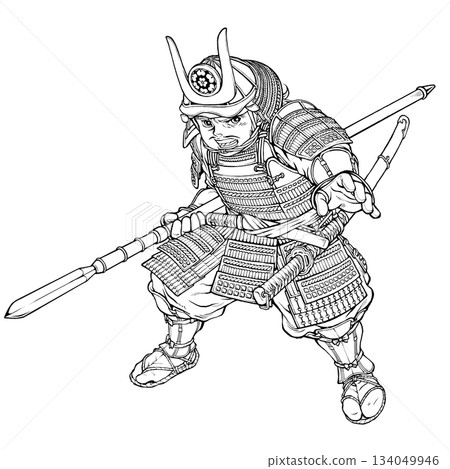 身著鎧甲、手持長矛的長宗我部元親，黑白照片 134049946