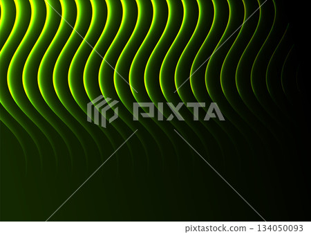 Glowing green neon wavy lines abstract tech background Glowing green neon wavy lines abstract tech background 134050093