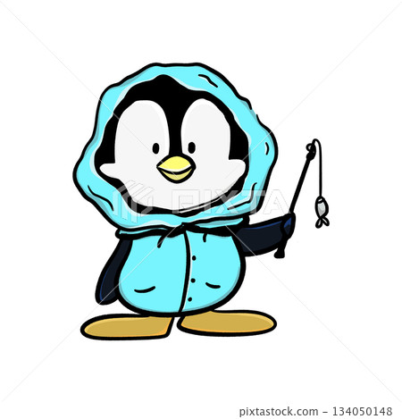 Isolated hooded penguin holding fishing rod cartoon illustration Isolated hooded penguin holding fishing rod cartoon illustration 134050148