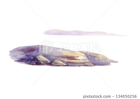 Coastal landscape elements:warm sunset stones on a shore with contrast shadows,paired with a distant hazy coastline.Painted in soft watercolor washes,for travel guides,coastal branding,nature decor Coastal landscape elements:warm sunset stones on a shore with contrast shadows,paired with a distant hazy coastline.Painted in soft watercolor washes,for travel guides,coastal branding,nature decor 134050256