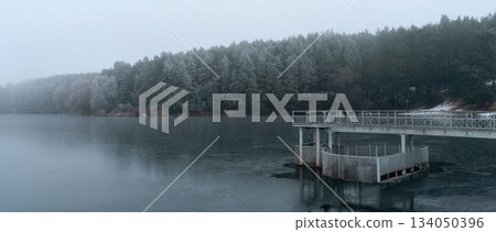 Frozen Lake and Snowy Forest in Ukraine, with Concrete Pier 134050396