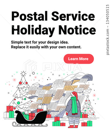 Santa postal service holiday notice Christmas New Year 2026 theme Santa with sleigh gifts letters snowy background decorated trees festive scene Santa postal service holiday notice Christmas New Year 2026 theme Santa with sleigh gifts letters snowy background decorated trees festive scene 134050515