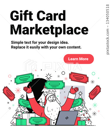 Santa Christmas gift card marketplace festive scene Santa at laptop surrounded by flying vouchers decorated trees presents stars website banner Santa Christmas gift card marketplace festive scene Santa at laptop surrounded by flying vouchers decorated trees presents stars website banner 134050518