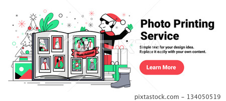 Santa Christmas photo album holiday celebration festive elf character gift boxes decorated tree flat design website banner 134050519