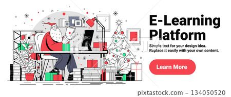 Santa Claus Christmas e-learning concept workspace festive gifts decorated tree modern office computer books holiday theme website banner 134050520