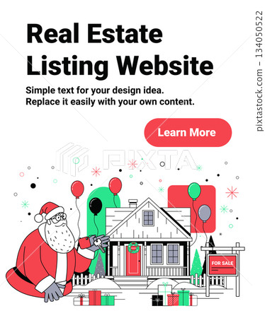 Santa Christmas real estate house for sale festive winter home with balloons gifts wreath snowy yard holiday celebration website banner 134050522