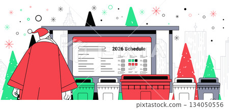 Santa Christmas New Year 2026 schedule urban scene with Santa checking timetable at city bus stop surrounded by festive trees and bins modern flat Santa Christmas New Year 2026 schedule urban scene with Santa checking timetable at city bus stop surrounded by festive trees and bins modern flat 134050556