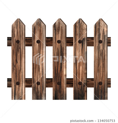 Watercolor illustration of a wooden farm fence, suitable for agricultural themes, children projects, rural decor, branding, packaging, rustic design elements. Hand painted with natural wood textures 134050753