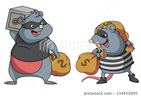 Cartoon thief rat with money bag of illustration 134050895