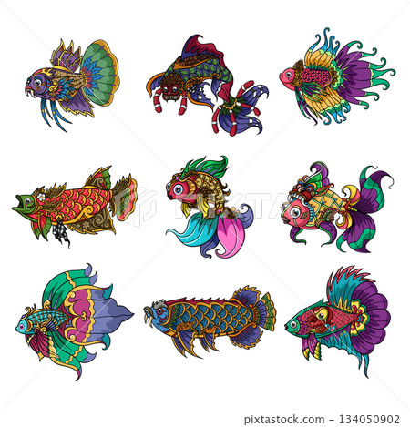 collection Colorful fish zentangle arts isolated of illustration collection Colorful fish zentangle arts isolated of illustration 134050902