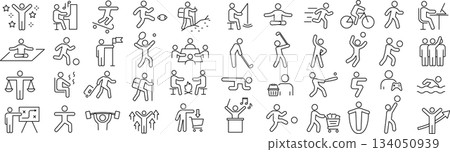 Vector monochrome line icon set about active people Vector monochrome line icon set about active people 134050939