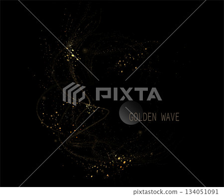 An isolated gold wavy circular frame made of fine tinsel on a black background 134051091