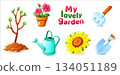 Cute colorful vector set of gardening icons including plants, tools, watering can and flowers. Isolated on white background. Perfect for kids design, garden apps, education and spring themes. 134051189