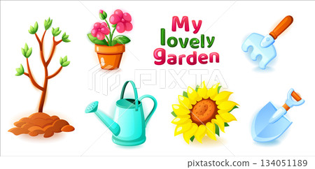 Cute colorful vector set of gardening icons including plants, tools, watering can and flowers. Isolated on white background. Perfect for kids design, garden apps, education and spring themes. Cute colorful vector set of gardening icons including plants, tools, watering can and flowers. Isolated on white background. Perfect for kids design, garden apps, education and spring themes. 134051189