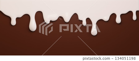 White ice cream melt with glossy drips on a chocolate background. Texture for dessert designs or summer graphics. Liquid flows down in curved streams for advertisements. 3d render 134051198