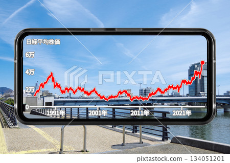 智慧型手機螢幕的圖片，以某個地區城市的風景剪影作為壁紙，顯示長期股票價格趨勢。 134051201