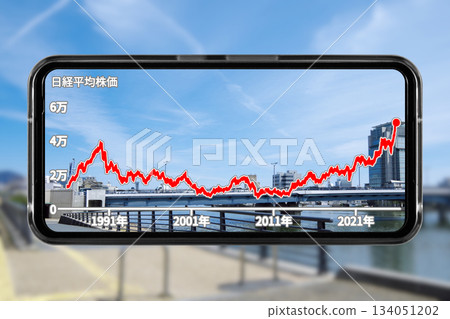 智慧型手機螢幕的圖片，以某個地區城市的風景剪影作為壁紙，顯示長期股票價格趨勢。 134051202