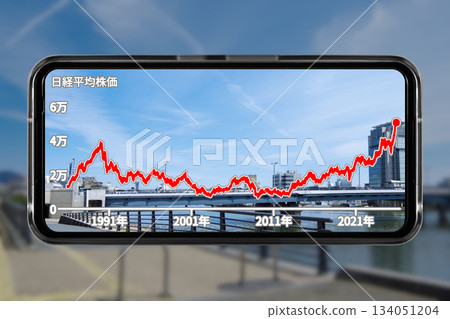 智慧型手機螢幕的圖片，以某個地區城市的風景剪影作為壁紙，顯示長期股票價格趨勢。 134051204