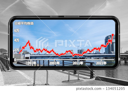 An image of a smartphone screen with a cut-out landscape of a regional city as wallpaper, displaying long-term stock price trends. An image of a smartphone screen with a cut-out landscape of a regional city as wallpaper, displaying long-term stock price trends. 134051205