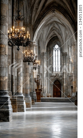 Gothic architecture interior with grand chandeliers and intricate stone columns showcasing elegance 134051805