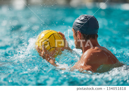 Male water polo player preparing to throw yellow ball in clear blue swimming pool water 134051818