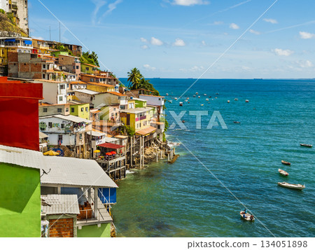 Colorful houses of Comunidade Solar do Unhao, a seaside favela in Salvador, Bahia, Brazil 134051898