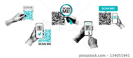 QR code scan. Set of halftone icons with a QR code and a smartphone in hand, modern vector illustration for payment, mobile app, QR code sticker Scan me  134051941