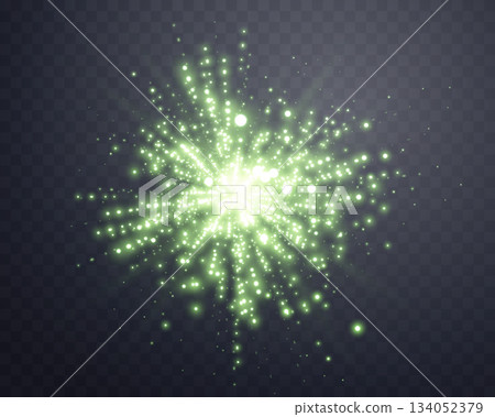 Green sunlight lens flare, sun flash with rays and spotlight. Glowing burst explosion on a transparent background. Vector illustration. 134052379