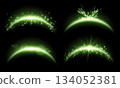 Green magic arches set with glowing particles, green sunlight lens flare. Neon realistic energy flare arch. Abstract light effect on a black background. Vector illustration. 134052381