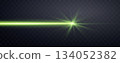 Green horizontal laser beam. Neon line, presentation pointer. Green glow flare light effect. Vector illustration. Isolated on dark transparent background. 134052382