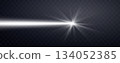 White horizontal laser beam. Neon line, presentation pointer. Silver glow flare light effect. Vector illustration. Isolated on transparent background. 134052385