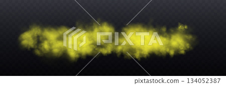 Realistic yellow smoke or haze, overlay effect on a transparent background. Hot fire and flame, magic fog, vapor. Abstract vector illustration 134052387