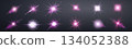 Pink lens flares set. Sun flash with rays or spotlight and bokeh. Isolated on transparent background. Glow flare light effect. Vector illustration. 134052388